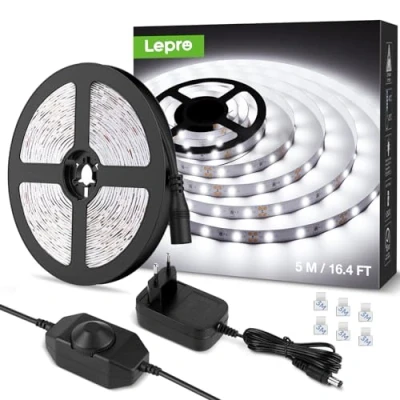 Immagine di Lepro Striscia LED 5M 300LED SMD2835 Dimmerabile, 15W 1200lm Luce Nastro Luminoso Bianco Freddo 6000K per Decorazioni Interne, Kit Completo 2 Connettori, Alimentatore e Interruttore Dimmer