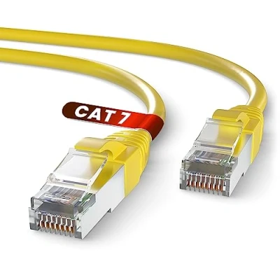 Immagine di Mr. Tronic Cavo Ethernet Cat 7 da 15m, CCA alta velocità Ethernet, di rete LAN patch rotondo per interni con connettori RJ45 28AWG, schermato SFTP Internet (15 Metri, Giallo)