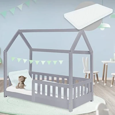 Immagine di ML Design Lettino per Bambini a Forma di Casa con Sponde Protezione Anticaduta Rete Doghe 70 x 140 cm Letto da Gioco in Legno Pino Massiccio Grigio Materasso Sfoderabile Schiuma Fredda