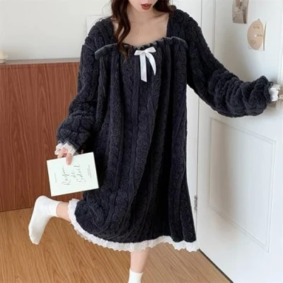 Immagine di Camicia da Notte,Abiti Morbidi Lunghi Plus Size Flanella Donne Inverno Notte Sciolta Pile Abiti Caldi Pigiama