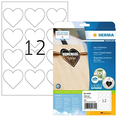 Immagine di HERMA 10791 Etichette a forma di cuore, 120 pezzi, Ø 60 mm, 12 fogli A4, autoadesive, stampabili, opache, in carta bianca