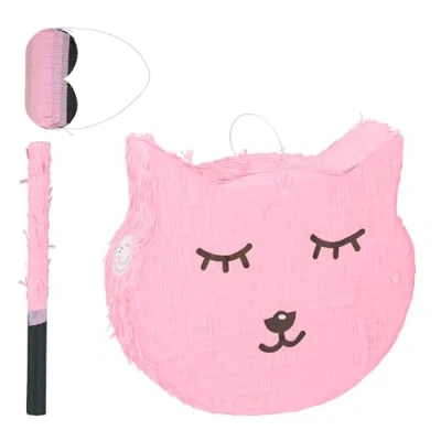 Immagine di Relaxdays Pignatta Gatto, Piñata Vuota, Set con Bastone e Maschera, Gioco Compleanno Bambini HLP: 34 x 37 9,5 cm, Rosa, Carta
