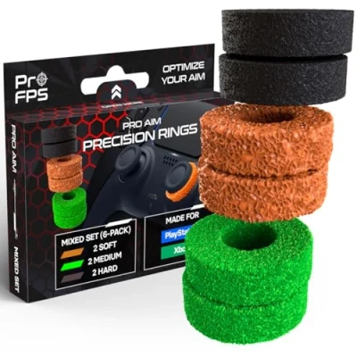 Immagine di ProFPS Precision Rings 6 Anelli, 3 Durezze Accessori Gaming per Controller PS5 / PS4, Joystick Xbox PlayStation 5, Console, PS4 Pro Gadget Migliora la Precisione e Controllo