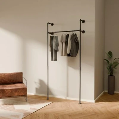 Immagine di pamo Design Industrial Loft Bastone appendiabiti da appendere per camera letto, con tubi dell&#039;acqua a 3 scomparti, colore: nero