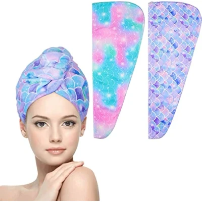 Immagine di WUBAYI 2 asciugamani in microfibra per asciugacapelli super assorbenti con asciugamano a bottone capelli bagnati ragazze signore(Sirena)