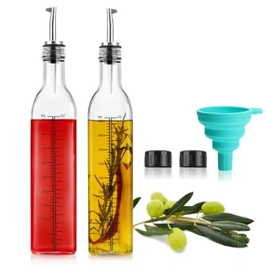 Immagine di COM FOUR® Set di bottiglie vetro da 7 pezzi con bilancia e imbuto per mescolare oli, aceto, liquore, liquori bottiglia dosatrice attacco, coperchio, versatore (Set pezzi)
