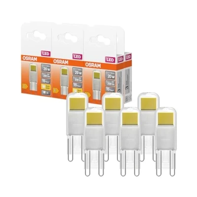 Immagine di OSRAM Lampada LED PIN in vetro trasparente, da 1,8 W per 200 lm, luce bianca calda 2700 K, multicolore, attacco retrofit G9, CRI 80, EEK E, diametro 15 mm, pacco 6