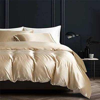 Immagine di Gezu set copripiumino 140 x 200 cm, in raso oro beige tinta unita, 1 persona di seta liscia e liscia, morbida, biancheria da letto con federa 65 cm chiusura lampo