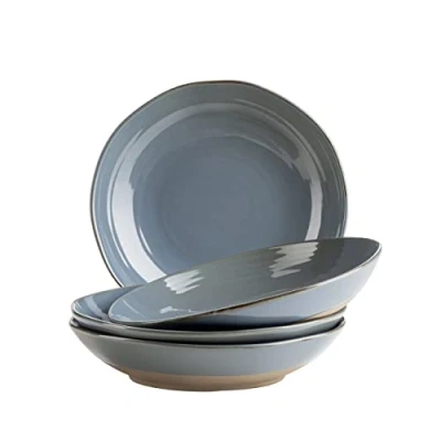 Immagine di MÄSER Serie Nottingham, set di 4 piatti fondi con linee in filigrana e smalto elegante, grandi profondi per pasta zuppe ceramica, look vintage, gres, grigio blu