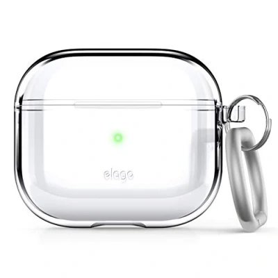 Immagine di elago Custodia trasparente con moschettone compatibile AirPods 3, nastro incluso, anti ingiallimento, ricarica wireless disponibile (trasparente)