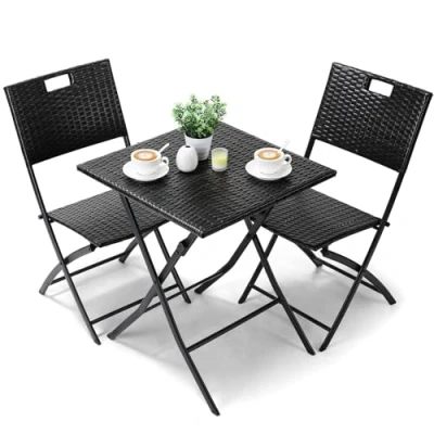 Immagine di LIFERUN set di mobili da balcone stile bistrò, in rattan, 3 pezzi, tavolo pieghevole con 2 sedie