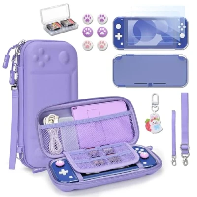 Immagine di Younik Custodia Switch Lite, Bundle di Accessori Lite 14 in 1, Protettiva Trasparente, per Carte Gioco, 2 Proteggi Schermo, 6 Grip il Pollice, Ciondolo, Viola