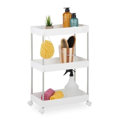 Immagine di Relaxdays Mobile Salvaspazio, Scaffale su Ruote con 3 Ripiani, Carrello per Bagno e Cucina, 62 x 41,5 14,5 cm, Nero, Plastica, Acciaio Inox