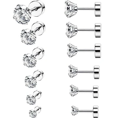 Immagine di 6 Paia 18G Orecchini a Bottone in Acciaio Inossidabile Cubico Zirconia Cartilagine Orecchio Elica Trago Piercing Barretta, Dimensioni