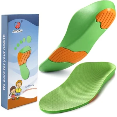 Immagine di Ailaka Solette ortopediche per bambini, con supporto arco plantare, inserti in schiuma di poliuretano piedi piatti, fascite sollievo dal dolore al tallone, colore verde, bambini