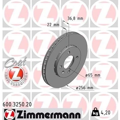 Immagine di ZIMMERMANN COAT Z 600.3250.20 Disco freno 256 22 5/4 4 100 con ventilazione esterna rivestito ad alto tenore di carbonio VOLKSWAGEN: up! Hatchback