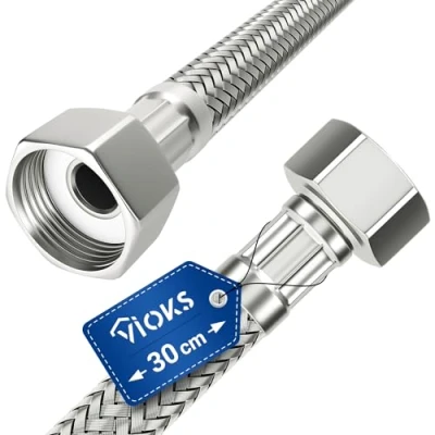 Immagine di tubo corazzato, 30 cm, flessibile, con dado di raccordo da 1/2&quot; x 1/2&quot;, per acqua potabile, intrecciatura in acciaio inox