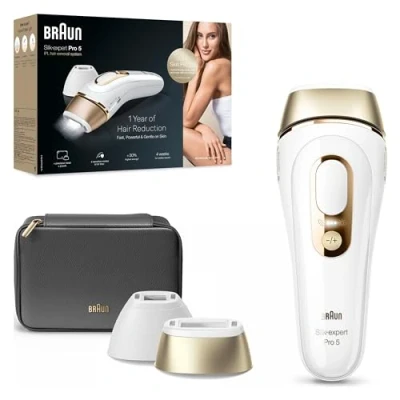 Immagine di Braun Silk·expert Pro 5 Epilatore Luce Pulsata, Epilazione A Casa, Alternativa All’Epilazione Laser, Con Custodia, 2 Testine, Idea Regalo, Bianco/Oro, PL5140