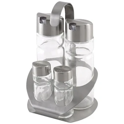 Immagine di Monix Sabor Menage, dispenser olio e aceto con sale pepe shaker, acciaio inossidabile vetro, 4 parti