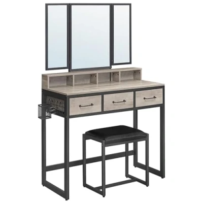Immagine di VASAGLE tavolo da toilette con specchio pieghevole in 3 pezzi, supporto per asciugacapelli, cosmetico sgabello imbottito, cassetti, design industriale, Greige e nero RVT004B02