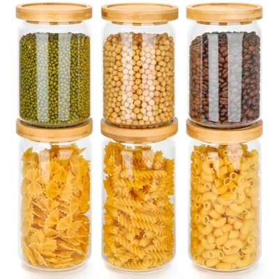 Immagine di Avmvnvc Barattoli Vetro con Coperchio, Set di 6 Contenitori per Alimenti Coperchi in Bambù, Cucina Trasparente, Pasta, Spezie Chicchi Caffè, Cereali