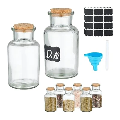 Immagine di Relaxdays Barattoli Spezie, Set di 8 Vasetti in Vetro 250 ml, Contenitori con Tappo Sughero, Etichette e Imbuto, Silicone