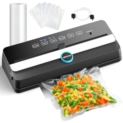Immagine di GERYON Macchina Sottovuoto Alimenti, Sigillatore Automatico con Taglierina Integrata Modalità Alimenti Secchi e Umidi Indicatori LED Facile da Pulire Design Compatto Kit di Avvio