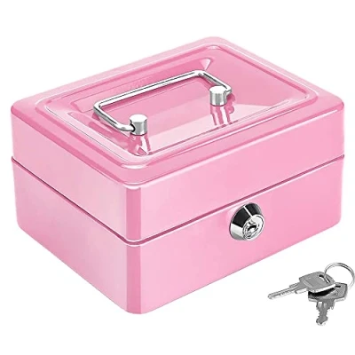 Immagine di Mini Cassetta di Sicurezza Portatile, con Serratura in Acciaio, Piccola Cassa a Chiave, 2 Chiavi, per Soldi Sciolti, Monete (Rosa)