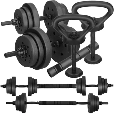 Immagine di Set di manubri da 20 kg regolabili e bilancieri con funzione kettlebell pesi bitume chiusure a stella &amp; raccordo imbottito SPRINGOS