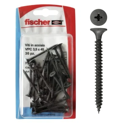 Immagine di Fischer 30 Viti per Cartongesso 3,5x45 mm, Fosfatate Autoperforanti, Fissaggio Lastre su Profili Metallici, Filettatura a Passo Fine, Impronta Phillips, 504667