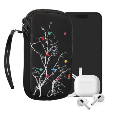 Immagine di kwmobile Custodia in neoprene con zip per smartphone M 5,5&quot; Astuccio portacellulare a sacchetto cerniera Borsa verticale ramo uccelli multicolore/fucsia/nero
