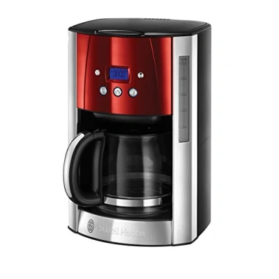 Immagine di Russell Hobbs Macchina Caffè Americano Rosso Timer Digitale, Con Filtro per Estrazione e Aroma Ottimali Max 12 tazze; Caraffa in Vetro da 1.5 L; Piastra riscaldante; 1000 W, Luna 23240 56