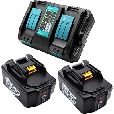 Immagine di FengBP® per caricabatterie rapido Makita DC18RD con 2 batterie da 18 V, 5 Ah, DMR100 DMR110 DMR103B BMR104 DMR104 DMR106 DMR109 DMR108 DMR107 Radio 5000 mAh, nero, 18,00 V BL1850 BL1830