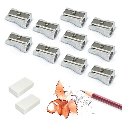 Immagine di 10 temperamatite a foro singolo in lega di alluminio con 2 gomme da cancellare, semplice portatile, materiale scolastico per studenti, studiare, dipingere, matite, pastelli, matite