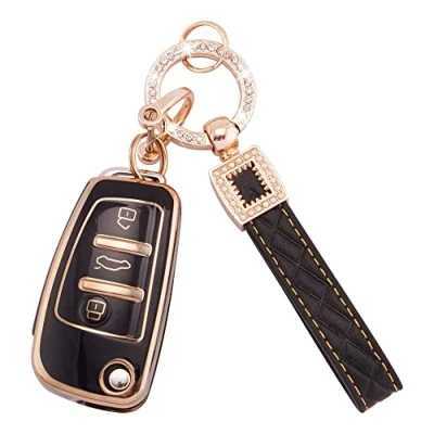 Immagine di Koaudb Cover per Portachiavi Auto Adatta Audi A1 A3 A4 A6 A8 Quattro Q3 Q7 S3 S6 RS3 RS6 R8 TT 3 Pulsanti Flip Custodia Morbida Guscio in Pelle con Pelle(BP Ad 3)
