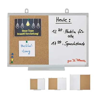 Immagine di Relaxdays Lavagna Combinata 2in1, White &amp; Cork Board, Cornice in Alluminio, Porta Pennarelli, 30 x 45, Naturale, 50% Ferro 30% Sughero 20% Fibra di Legno, Bianco Marrone, 1 pz