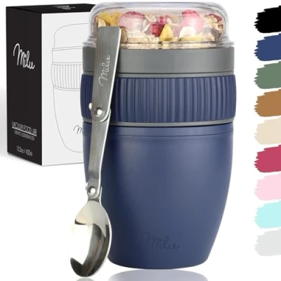 Immagine di Milu muesli cup to go 400ml I bicchiere di plastica per yogurt a prova perdite con cucchiaio yogurt/porridge (blu navy)