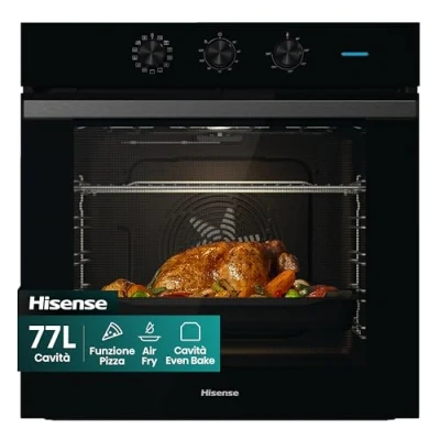 Immagine di Hisense BI64111AB Forno Multifunzione Termoventilato, Cavità XXL 77 Litri, 12 Funzioni Cottura, Pulizia Acqua Clean, Classe A, Preriscaldamento Rapido, Funzione Pizza 300 C, Air Fry