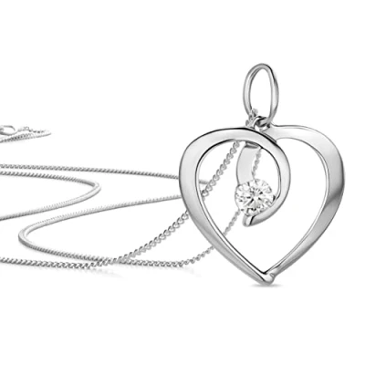 Immagine di Orovi Ciondolo Cuore Oro Bianco con Zircone taglio Brillante, Vero 9KT 375, fornito di Catenina in Argento 925, Anallergico. Cm.45.