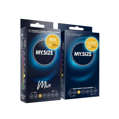 Immagine di MY.SIZE Mix SET misura 3, 53 mm: 10 preservativi Classic + in 4 varianti eccitanti, aromatici, colorati, con rilievi e classici