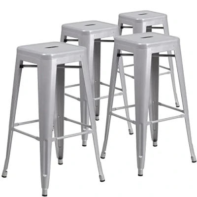 Immagine di Flash Furniture Lily, confezione da 4 sgabelli bar per interni ed esterni in metallo argentato con schienale alto 30&quot;, esterni, seduta quadrata