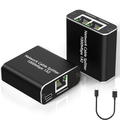 Immagine di Gigabit Switch ethernet 2 Porte 1000Mbps, RJ45 1 a Splitter di Rete con Cavo alimentazione USB, Lan Sdoppiatore hub per Cat8/Cat7/Cat6/Cat5/Cat5e