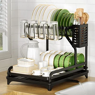 Immagine di Cocolemon Scolapiatti 2 Ripiani, da Lavello di Grande Capacità in Acciaio Inox, Appoggio per lavello, con Porta Utensili, Portabicchieri, Nero