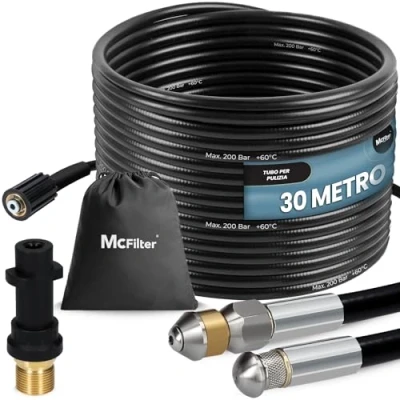 Immagine di McFilter Set di tubi universali per la pulizia dei tubi, 30 m, 200 bar, incluso sacchetto con adattatore, ugelli fissi + rotanti, compatibile le idropulitrici Kärcher K2 K3 K4 K5 K6 K7