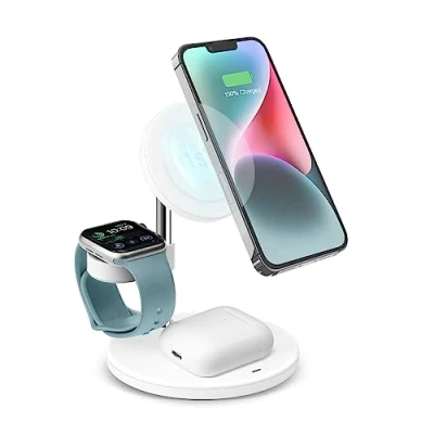 Immagine di Caricabatterie wireless 3 in 1 da 15W compatibile con MagSafe per iPhone, smartphone Android, Apple Watch, AirPods, stazione di ricarica funzione stand e uscita USB C, cavo incluso