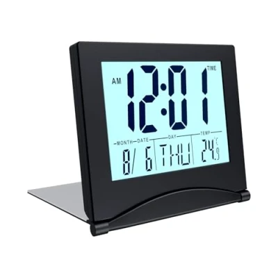 Immagine di MMOBIEL Orologio Digitale LCD da Viaggio Pieghevole con Retroilluminazione Indicazione di Giorno, Data e Temperatura Sveglia Tavolo a Atteria Nero