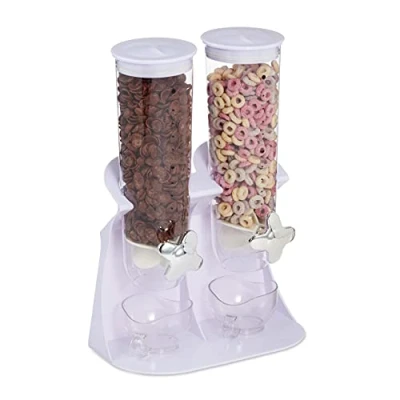 Immagine di Relaxdays Dispenser Cereali Doppio, Distributore per Corn Flakes, Cioccolatini, Nocciole e Dolcetti, in Plastica, Bianco, 1 pz