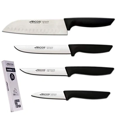 Immagine di Arcos Set di coltelli da cucina professionali 4 pezzi in acciaio inox con manico nero utensili Coltello giapponese Santoku lavastoviglie