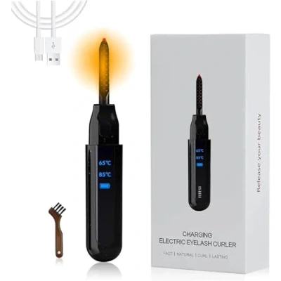 Immagine di piegaciglia riscaldato, ricaricabile tramite USB, controllo della temperatura a 2 marce, con display LED, mini per donne e ragazze, riscaldamento rapido (nero)