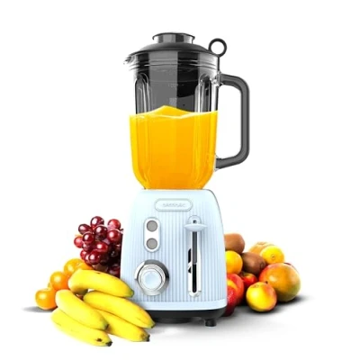 Immagine di Cecotec Blender Power Black Titanium RetroBlue. Frullatore retrò con una potenza massima di 1200 W, lama a 4 fogli rivestimento in titanio nero e brocca capacità 1,5 litri.
